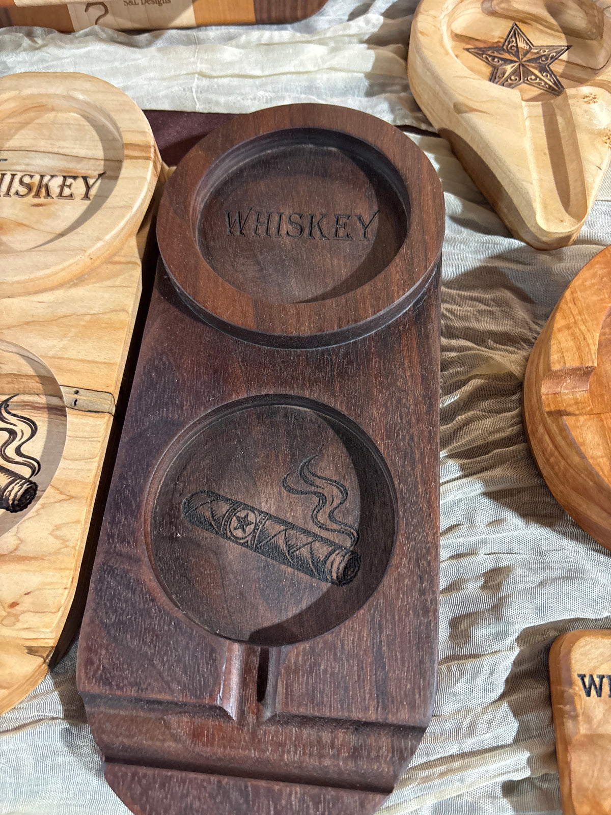Whiskey and Cigar Ash Tray walnut engraved